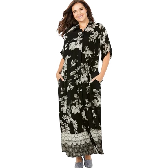 Woman Within Bloom Floral Maxi Shirtdress Crinkle Boho Button Front Black 28W - Picture 1 of 6